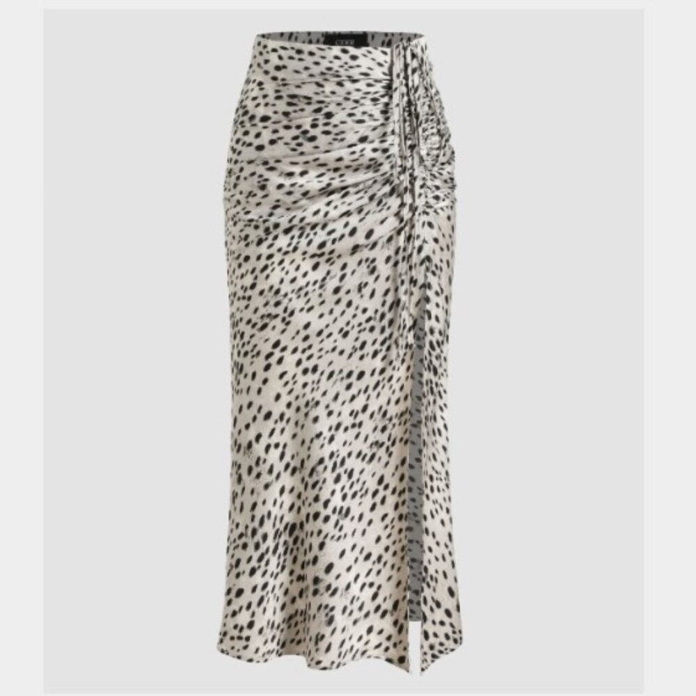 Cider NEW size L grey leopard print satin midi skirt with ruched ties